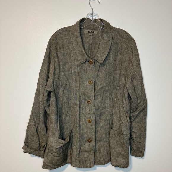 Flax Tops - FLAX Linen Shirt Gray Lagenlook Jacket Top Pockets Long Sleeves Sz M Sustainable